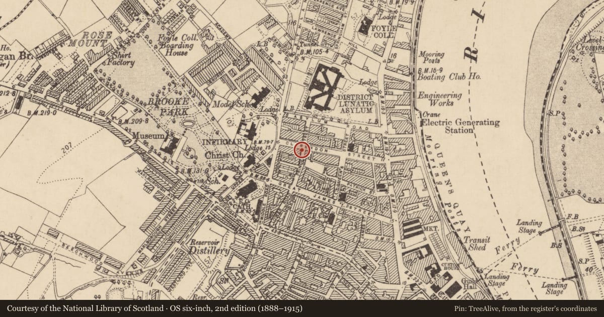 Ordnance Survey six-inch map, 2nd edition (1888–1915) covering the location of 55 Claredon Street, Edenballymore, Derry City and Strabane, with a pin at the register's coordinates