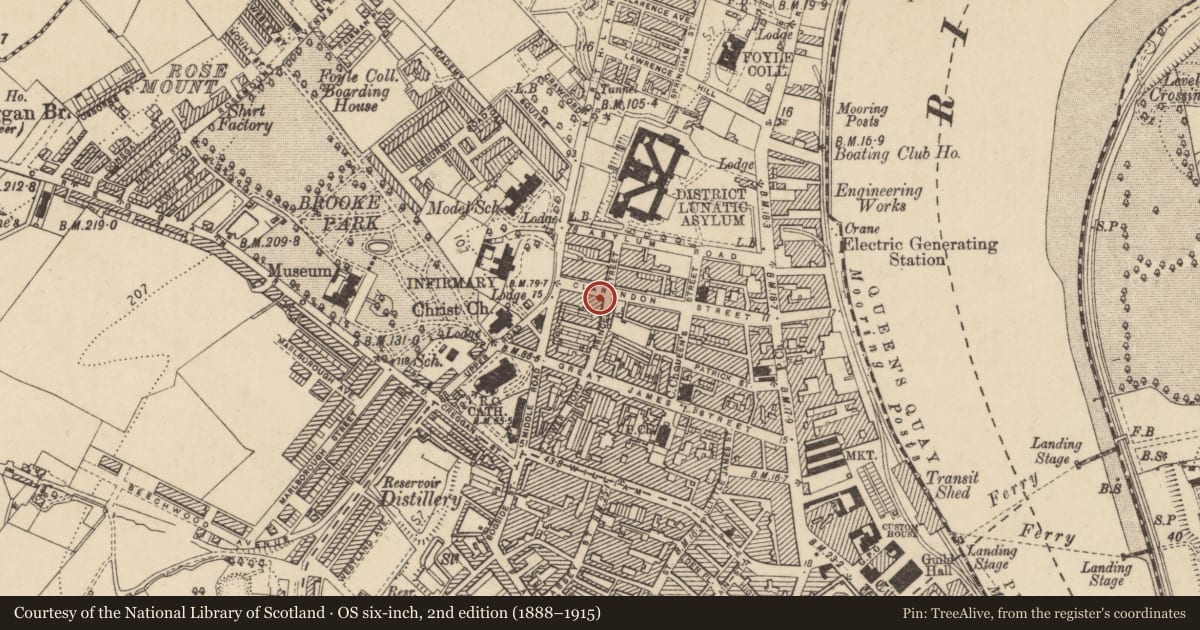 Ordnance Survey six-inch map, 2nd edition (1888–1915) covering the location of 57 Clarendon St., Edenballymore, Derry City and Strabane, with a pin at the register's coordinates