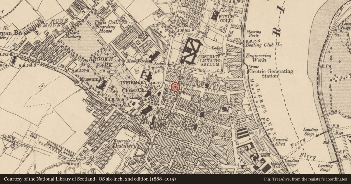 Ordnance Survey six-inch map, 2nd edition (1888–1915) covering the location of 59 Clarendon St., Edenballymore, Derry City and Strabane, with a pin at the register's coordinates