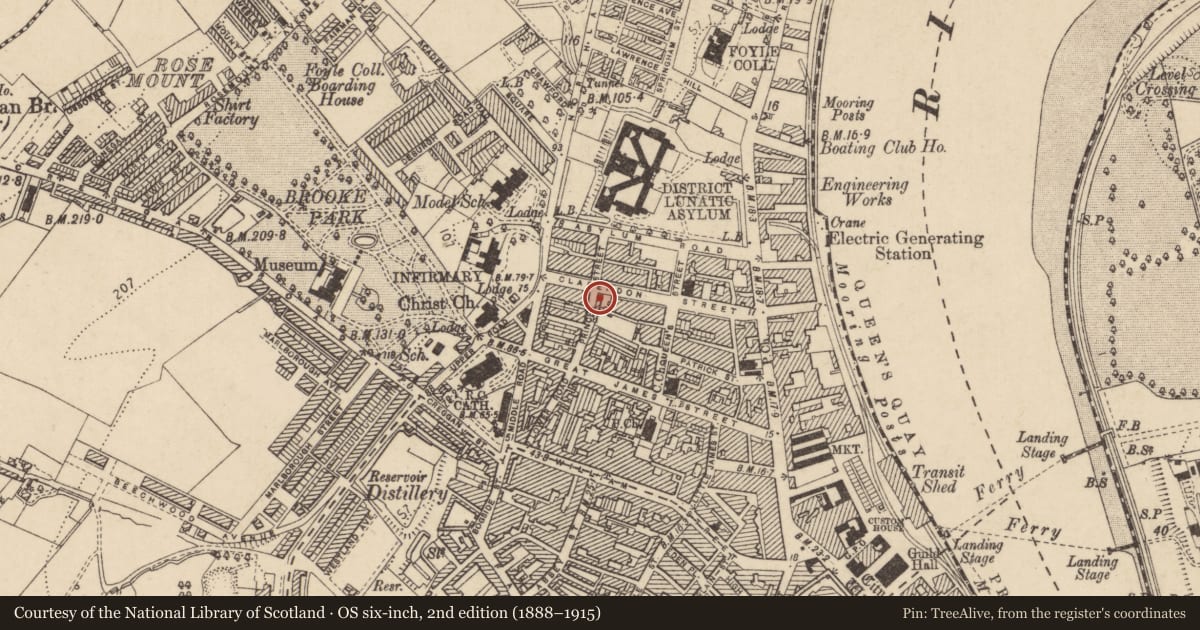 Ordnance Survey six-inch map, 2nd edition (1888–1915) covering the location of Foyle Cottage, Edenballymore, Derry City and Strabane, with a pin at the register's coordinates