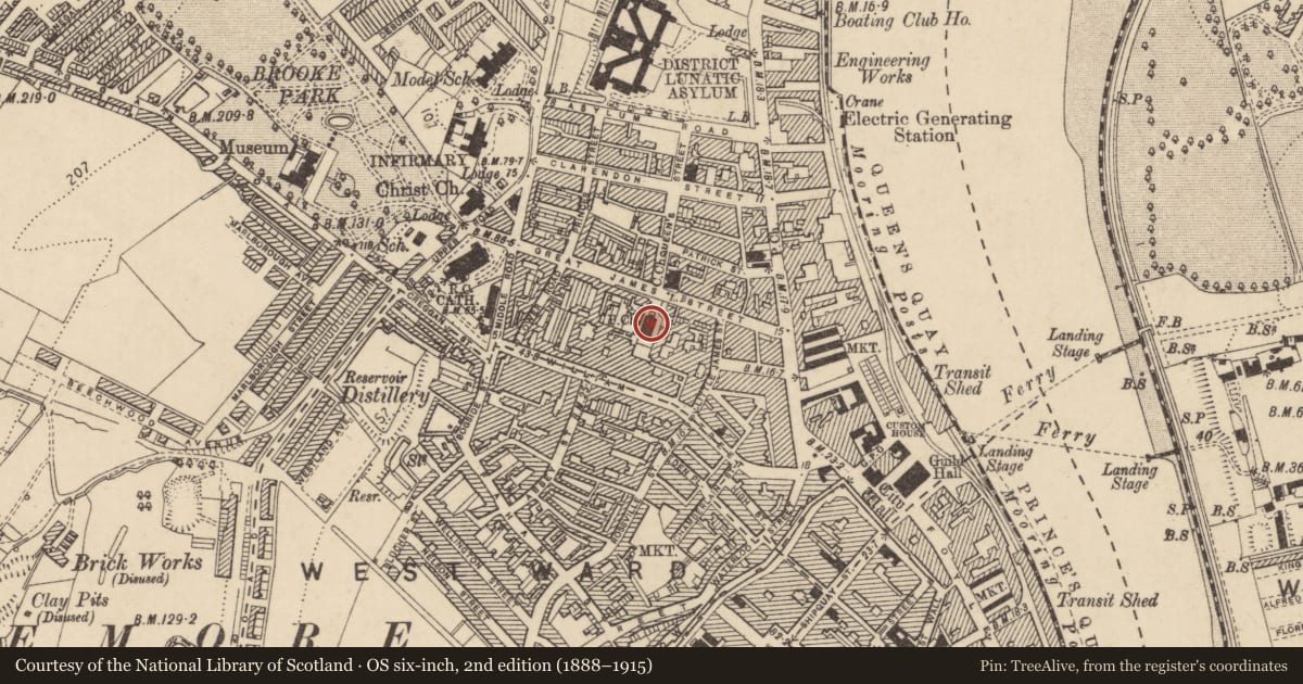Ordnance Survey six-inch map, 2nd edition (1888–1915) covering the location of Presbyterian Church, Edenballymore, Derry City and Strabane, with a pin at the register's coordinates