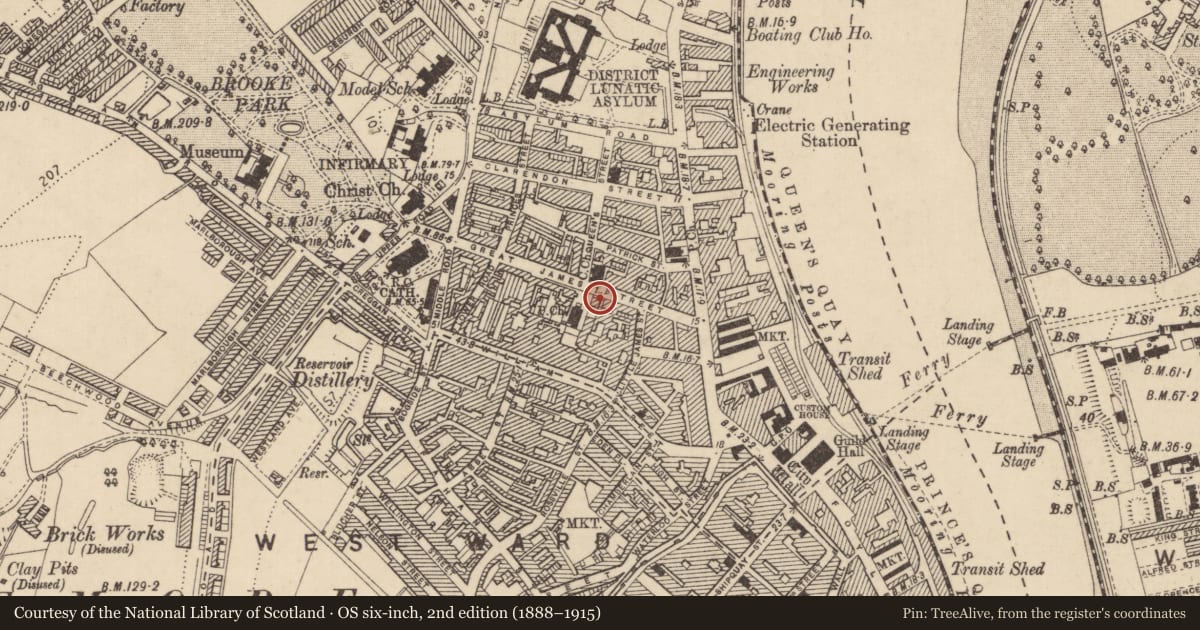 Ordnance Survey six-inch map, 2nd edition (1888–1915) covering the location of 33 Great James Street, Edenballymore, Derry City and Strabane, with a pin at the register's coordinates