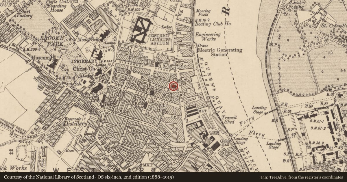 Ordnance Survey six-inch map, 2nd edition (1888–1915) covering the location of Second Presbyterian Church And Hall, Edenballymore, Derry City and Strabane, with a pin at the register's coordinates