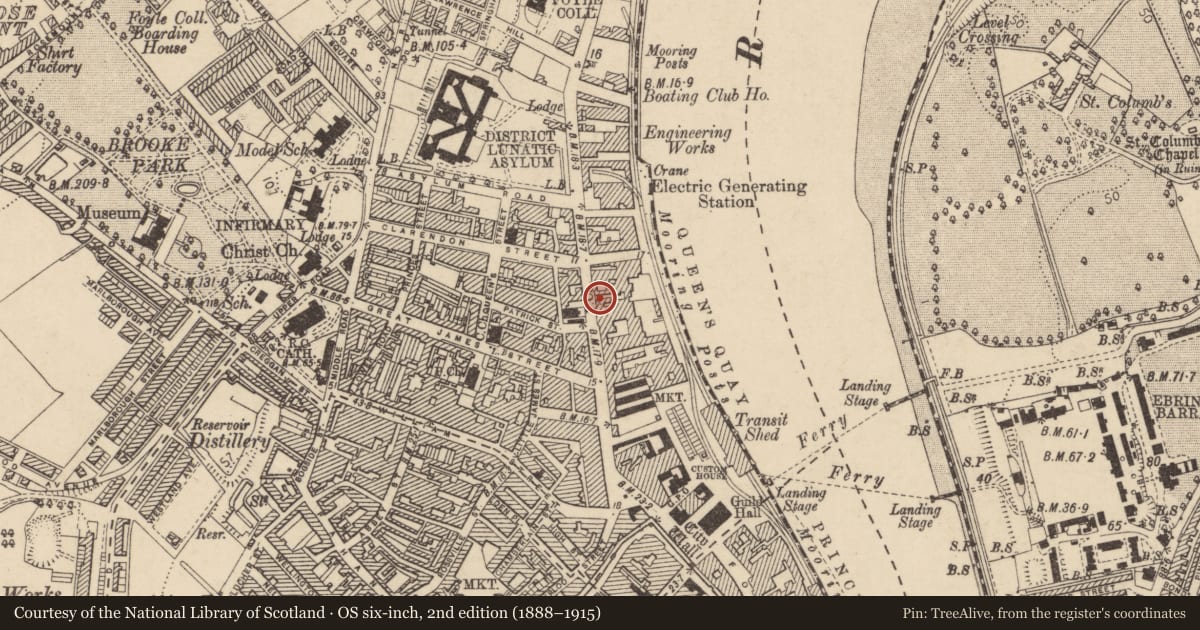 Ordnance Survey six-inch map, 2nd edition (1888–1915) covering the location of Ivy House, Derry City and Strabane, with a pin at the register's coordinates