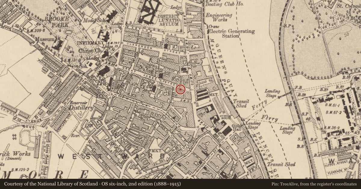 Ordnance Survey six-inch map, 2nd edition (1888–1915) covering the location of 13A Little James St., Edenballymore, Derry City and Strabane, with a pin at the register's coordinates