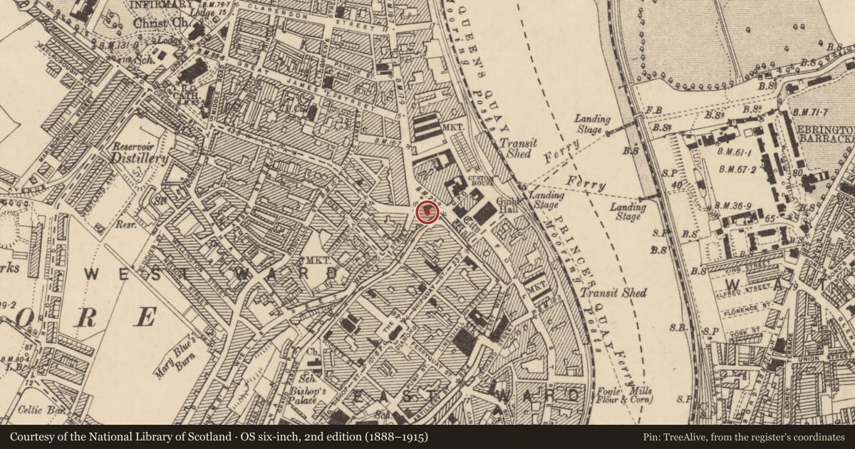 Ordnance Survey six-inch map, 2nd edition (1888–1915) covering the location of Ulster Bank, Derry City and Strabane, with a pin at the register's coordinates