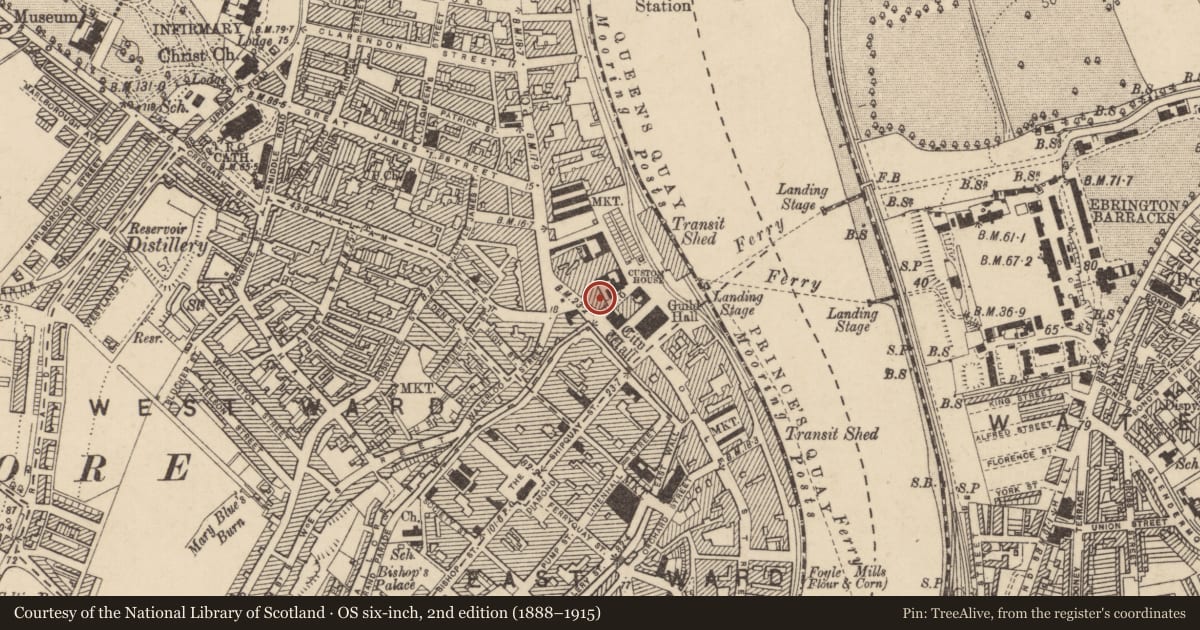 Ordnance Survey six-inch map, 2nd edition (1888–1915) covering the location of 22 Waterloo Place, Londonderry, Derry City and Strabane, with a pin at the register's coordinates