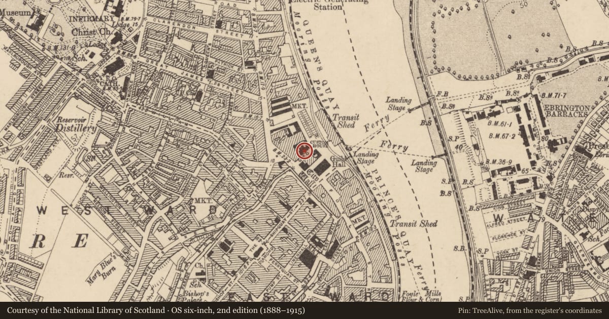 Ordnance Survey six-inch map, 2nd edition (1888–1915) covering the location of Post Office, Londonderry, Derry City and Strabane, with a pin at the register's coordinates