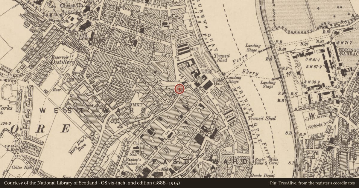Ordnance Survey six-inch map, 2nd edition (1888–1915) covering the location of 44-46 Waterloo Street, Derry City and Strabane, with a pin at the register's coordinates