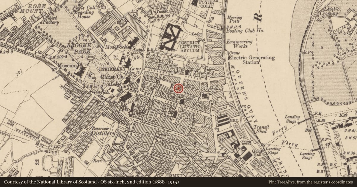 Ordnance Survey six-inch map, 2nd edition (1888–1915) covering the location of 9 Queen St., Edenballymore, Derry City and Strabane, with a pin at the register's coordinates