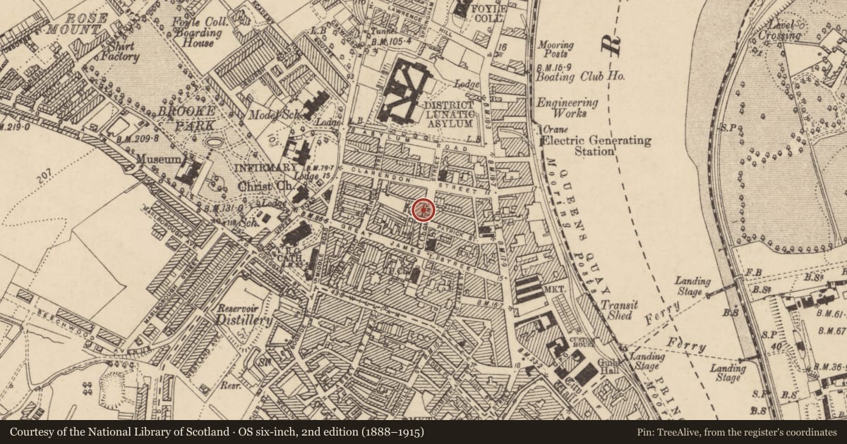 Ordnance Survey six-inch map, 2nd edition (1888–1915) covering the location of 10 Queen Street, Edenballymore, Derry City and Strabane, with a pin at the register's coordinates