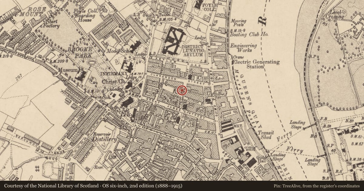 Ordnance Survey six-inch map, 2nd edition (1888–1915) covering the location of Columba House, Edenballymore, Derry City and Strabane, with a pin at the register's coordinates