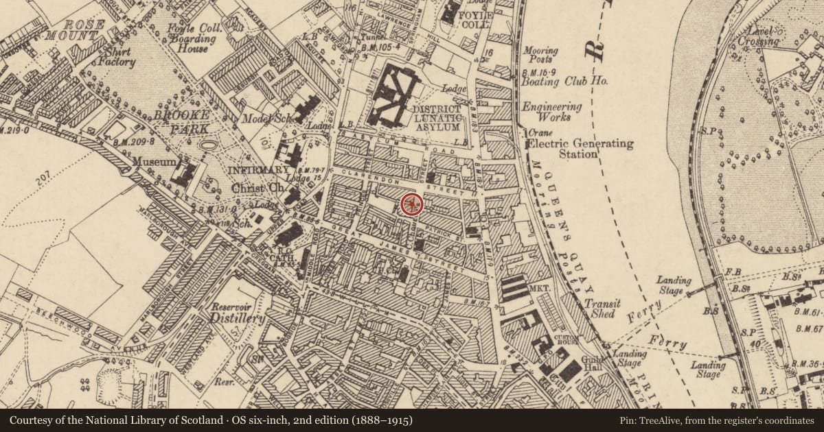 Ordnance Survey six-inch map, 2nd edition (1888–1915) covering the location of 12 Queen Street, Edenballymore, Derry City and Strabane, with a pin at the register's coordinates