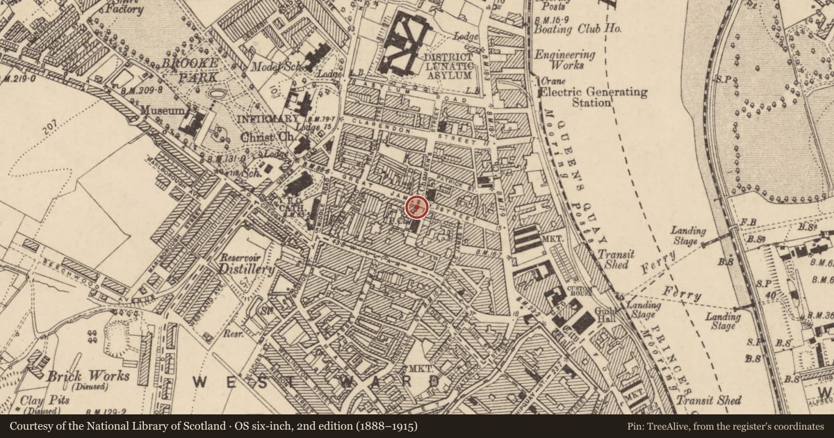 Ordnance Survey six-inch map, 2nd edition (1888–1915) covering the location of 35 Great James St, Edenballymore, Derry City and Strabane, with a pin at the register's coordinates