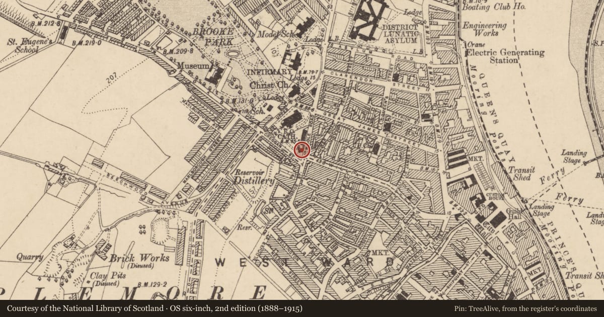 Ordnance Survey six-inch map, 2nd edition (1888–1915) covering the location of St. Eugene's Lodge, Edenballymore, Derry City and Strabane, with a pin at the register's coordinates
