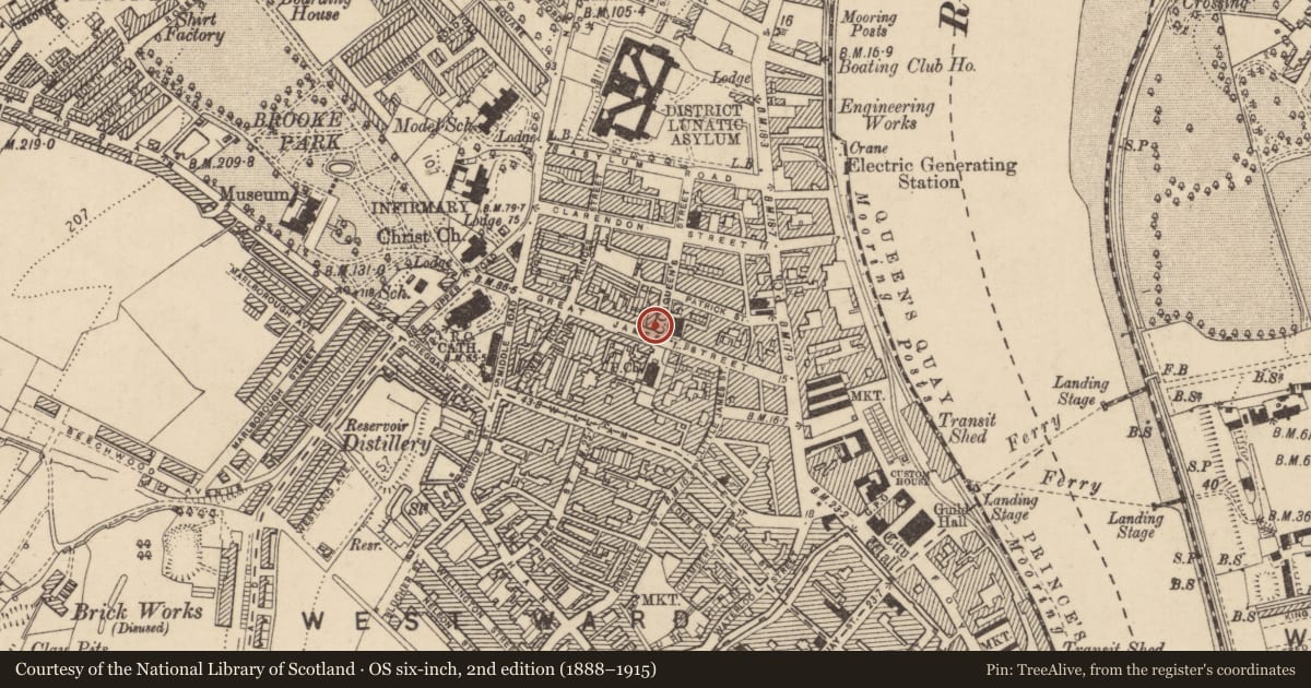 Ordnance Survey six-inch map, 2nd edition (1888–1915) covering the location of 1 Queen Street, Londonderry, BT48 7EG, Derry City and Strabane, with a pin at the register's coordinates