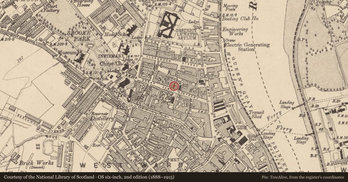 Ordnance Survey six-inch map, 2nd edition (1888–1915) covering the location of 2 Queen St., Edenballymore, Derry City and Strabane, with a pin at the register's coordinates