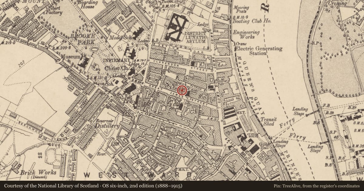 Ordnance Survey six-inch map, 2nd edition (1888–1915) covering the location of 3 Queen St., Edenballymore, Derry City and Strabane, with a pin at the register's coordinates