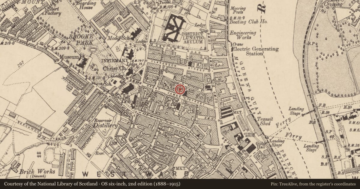 Ordnance Survey six-inch map, 2nd edition (1888–1915) covering the location of 4 Queen St., Edenballymore, Derry City and Strabane, with a pin at the register's coordinates