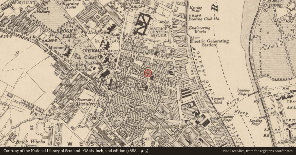 Ordnance Survey six-inch map, 2nd edition (1888–1915) covering the location of 5 Queen Street, Edenballymore, Derry City and Strabane, with a pin at the register's coordinates