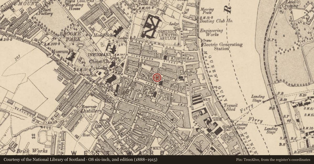 Ordnance Survey six-inch map, 2nd edition (1888–1915) covering the location of 6 Queen St., Edenballymore, Derry City and Strabane, with a pin at the register's coordinates