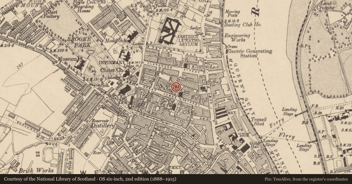 Ordnance Survey six-inch map, 2nd edition (1888–1915) covering the location of 7 Queen St., Edenballymore, Derry City and Strabane, with a pin at the register's coordinates