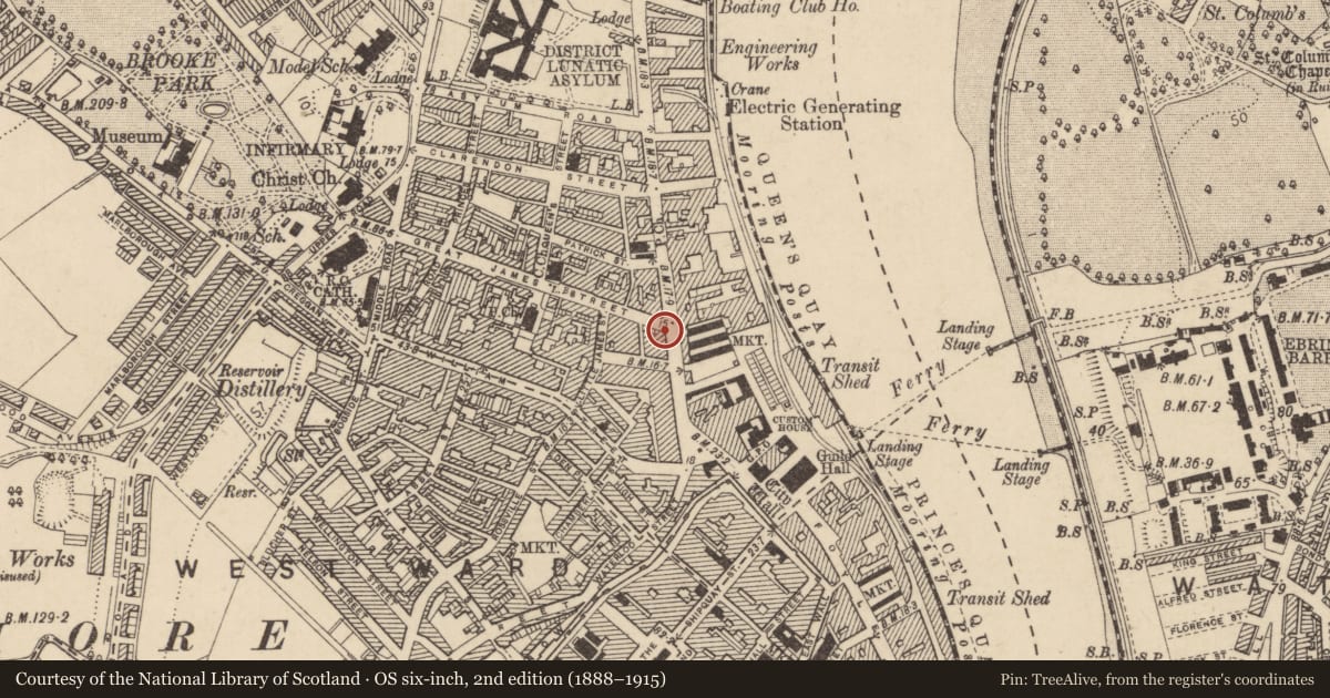 Ordnance Survey six-inch map, 2nd edition (1888–1915) covering the location of Grand Central Bar, Edenballymore, Derry City and Strabane, with a pin at the register's coordinates
