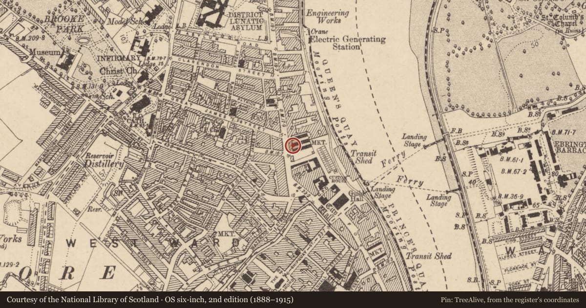 Ordnance Survey six-inch map, 2nd edition (1888–1915) covering the location of Fallers, Edenballymore, Derry City and Strabane, with a pin at the register's coordinates