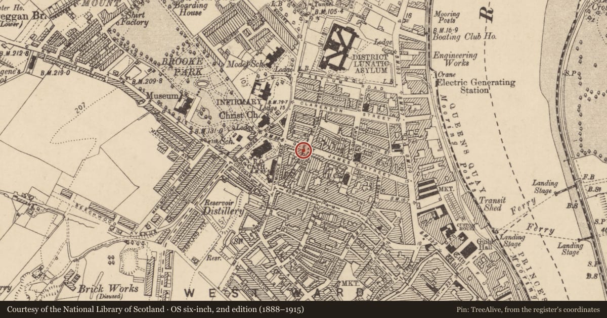 Ordnance Survey six-inch map, 2nd edition (1888–1915) covering the location of Derby Bar, Edenballymore, Derry City and Strabane, with a pin at the register's coordinates