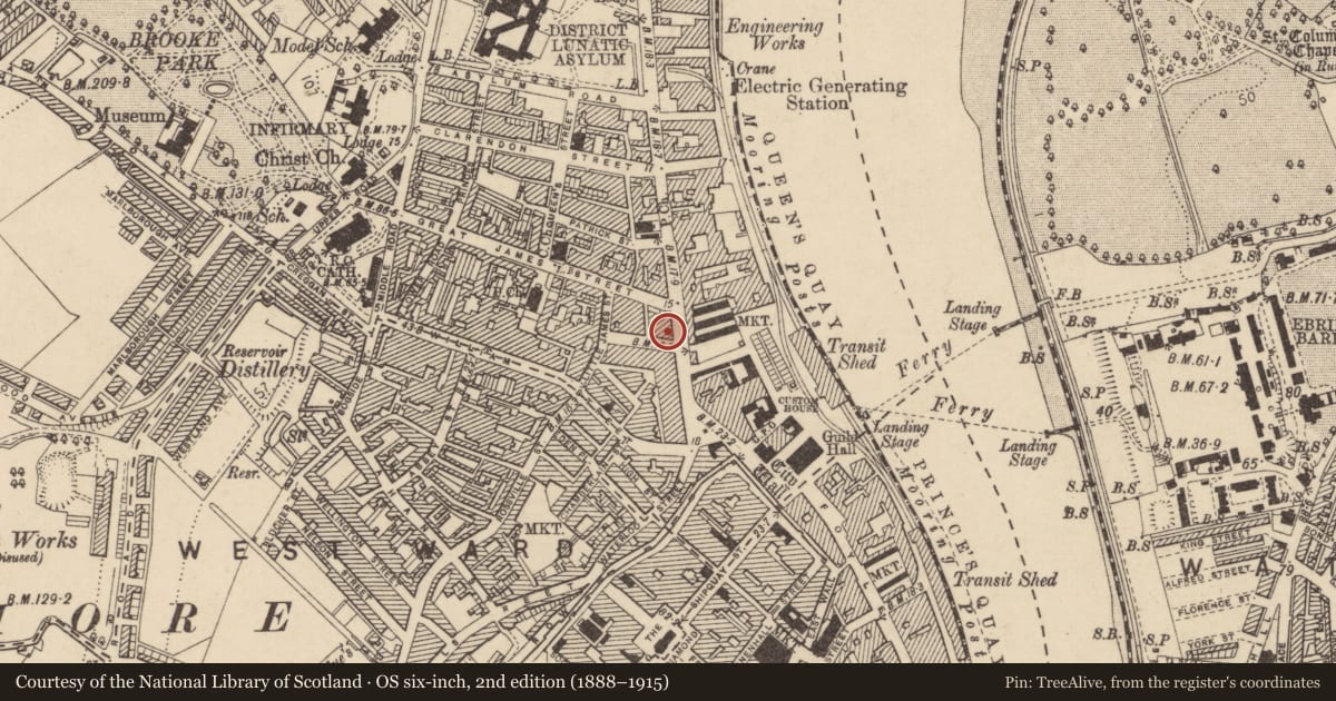 Ordnance Survey six-inch map, 2nd edition (1888–1915) covering the location of Sackville Street, Derry City and Strabane, with a pin at the register's coordinates