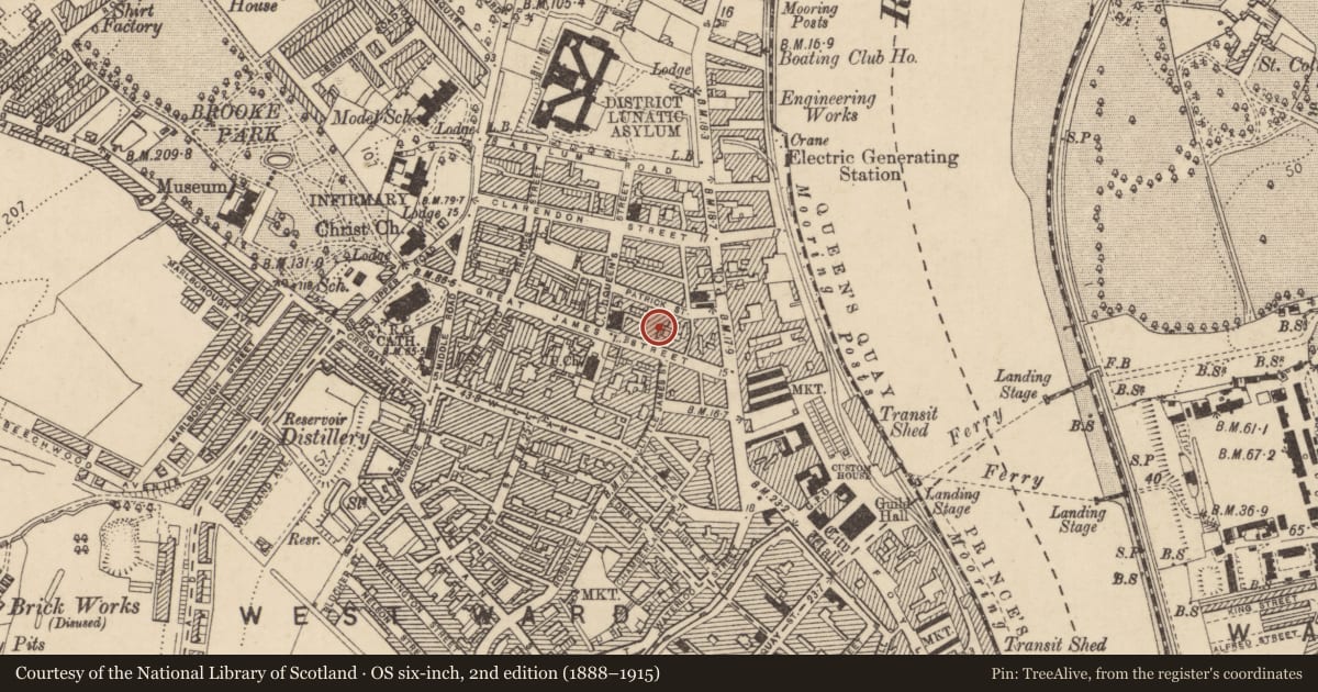 Ordnance Survey six-inch map, 2nd edition (1888–1915) covering the location of No 14 Great James Street, Edenballymore, Derry City and Strabane, with a pin at the register's coordinates