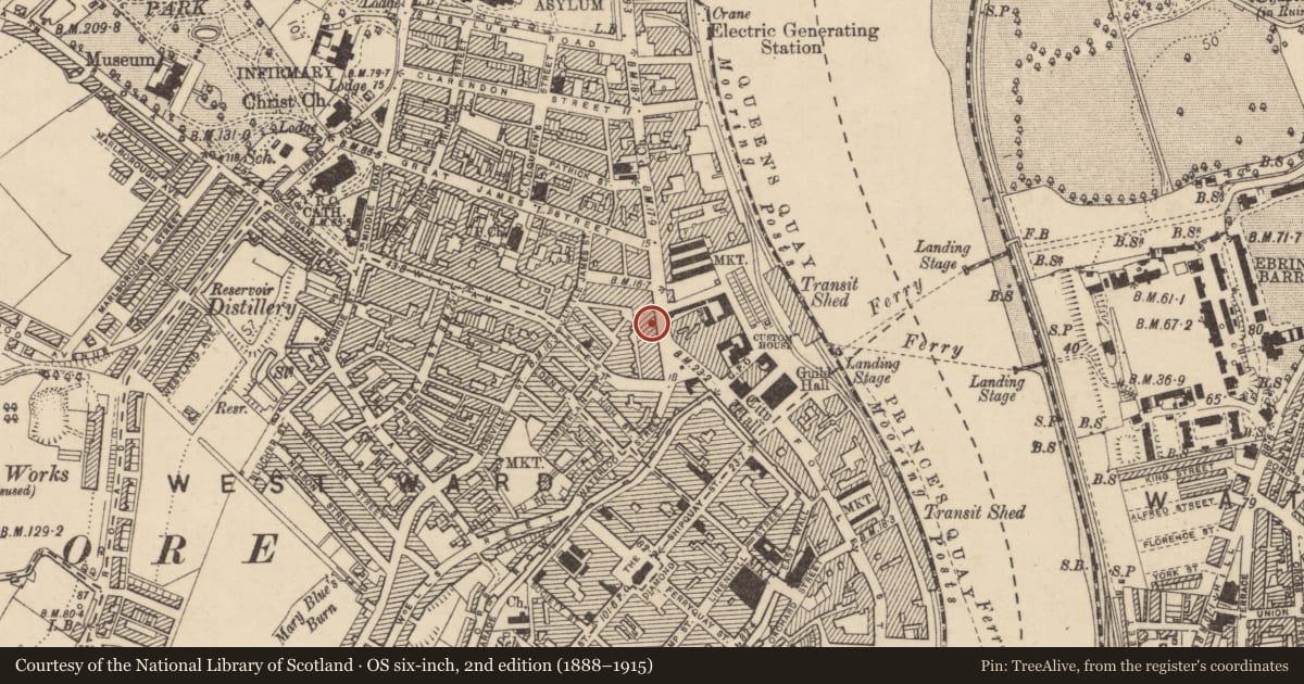 Ordnance Survey six-inch map, 2nd edition (1888–1915) covering the location of Fosters, Londonderry, with a pin at the register's coordinates