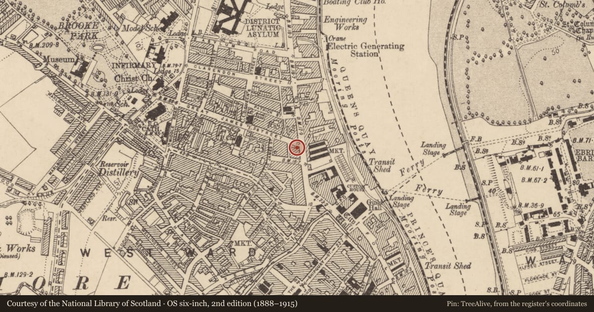 Ordnance Survey six-inch map, 2nd edition (1888–1915) covering the location of 25 Strand Road, Edenballymore, Derry City and Strabane, with a pin at the register's coordinates