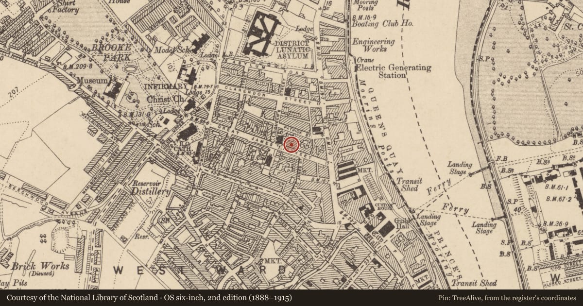 Ordnance Survey six-inch map, 2nd edition (1888–1915) covering the location of 16 Great James Street, Edenballymore, Derry City and Strabane, with a pin at the register's coordinates
