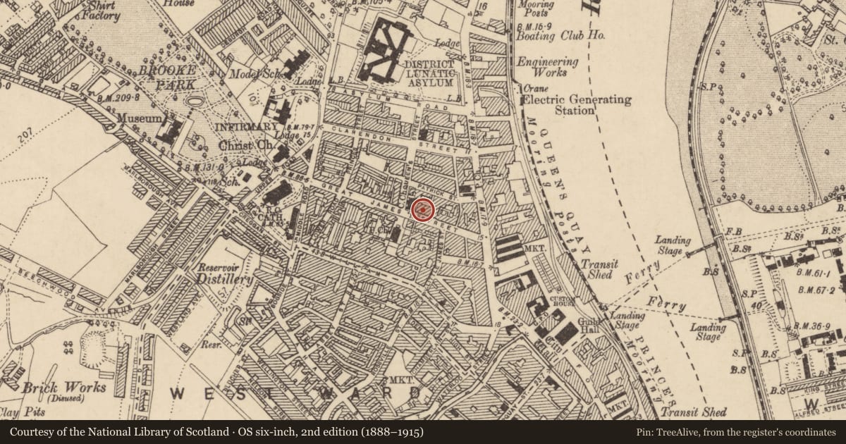 Ordnance Survey six-inch map, 2nd edition (1888–1915) covering the location of 20 Great James Street, Edenballymore, Derry City and Strabane, with a pin at the register's coordinates
