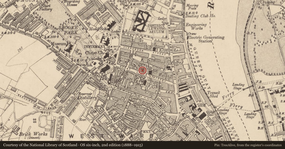 Ordnance Survey six-inch map, 2nd edition (1888–1915) covering the location of 26 Great James Street, Edenballymore, Derry City and Strabane, with a pin at the register's coordinates