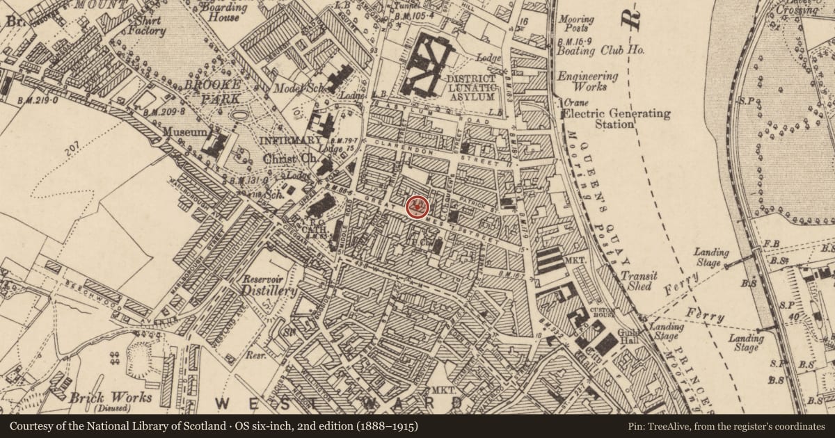 Ordnance Survey six-inch map, 2nd edition (1888–1915) covering the location of 34 Great James Street, Edenballymore, Derry City and Strabane, with a pin at the register's coordinates