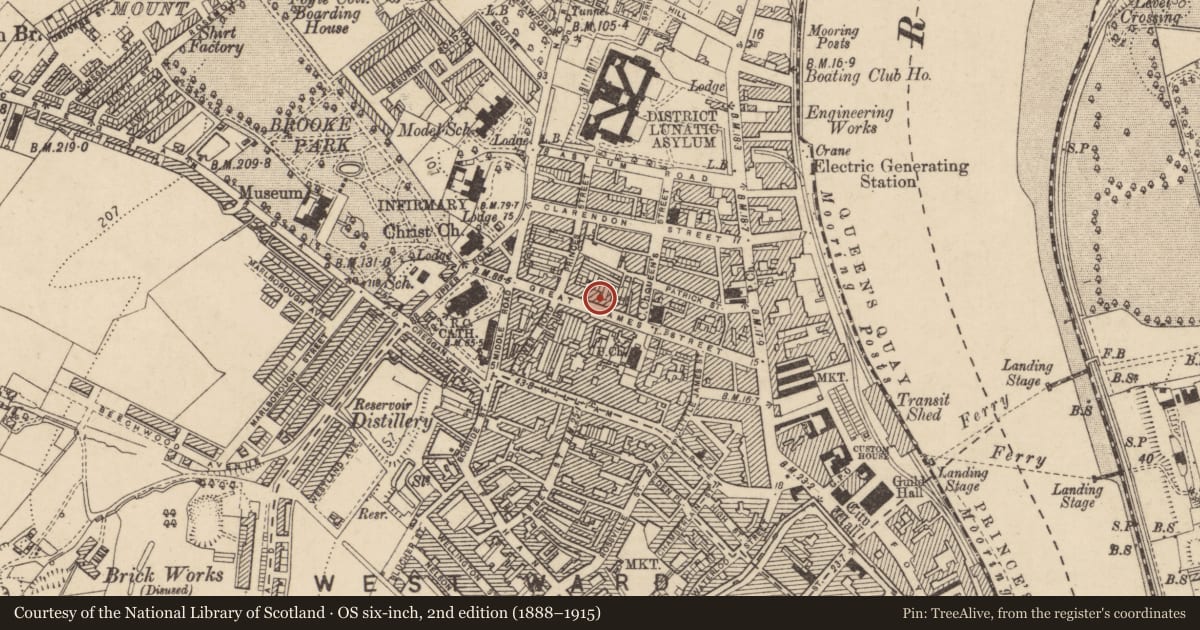 Ordnance Survey six-inch map, 2nd edition (1888–1915) covering the location of 36 Great James Street, Edenballymore, Derry City and Strabane, with a pin at the register's coordinates