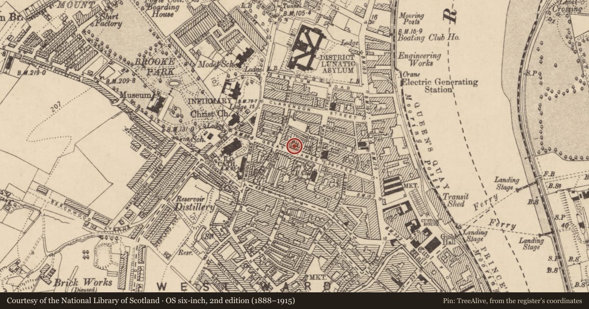 Ordnance Survey six-inch map, 2nd edition (1888–1915) covering the location of 38 Great James Street, Edenballymore, Derry City and Strabane, with a pin at the register's coordinates