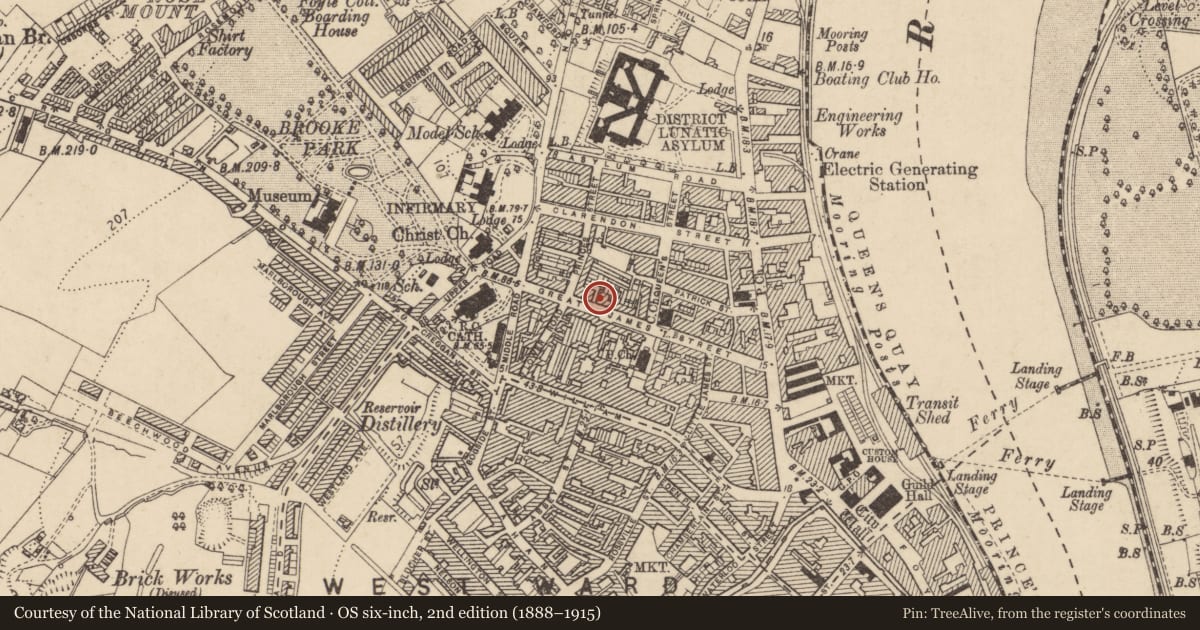 Ordnance Survey six-inch map, 2nd edition (1888–1915) covering the location of 40 Great James Street, Edenballymore, Derry City and Strabane, with a pin at the register's coordinates