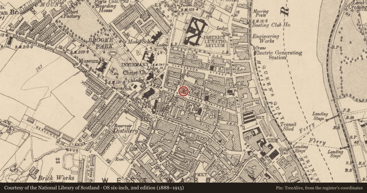 Ordnance Survey six-inch map, 2nd edition (1888–1915) covering the location of 44 Great James Street, Edenballymore, Derry City and Strabane, with a pin at the register's coordinates