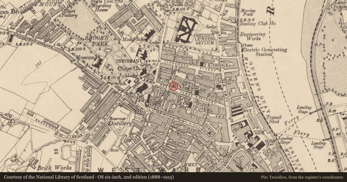 Ordnance Survey six-inch map, 2nd edition (1888–1915) covering the location of 46 Great James Street, Edenballymore, Derry City and Strabane, with a pin at the register's coordinates