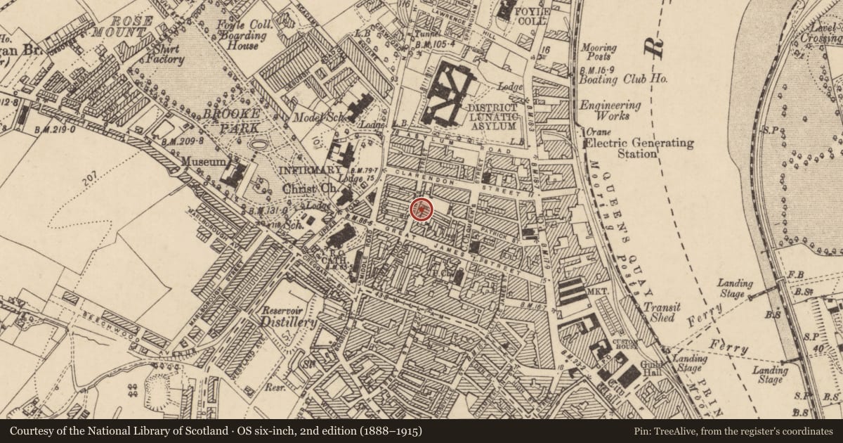 Ordnance Survey six-inch map, 2nd edition (1888–1915) covering the location of 10 Princes Street, Edenballymore, Derry City and Strabane, with a pin at the register's coordinates