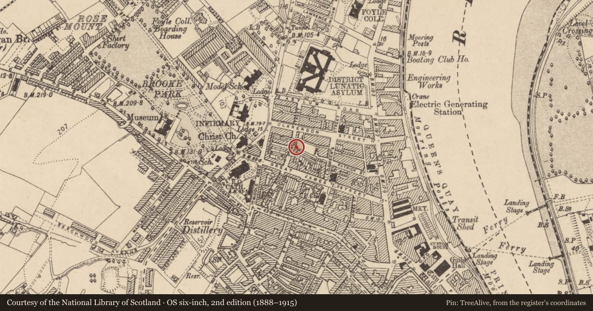 Ordnance Survey six-inch map, 2nd edition (1888–1915) covering the location of 14 Princes Street, Edenballymore, Derry City and Strabane, with a pin at the register's coordinates