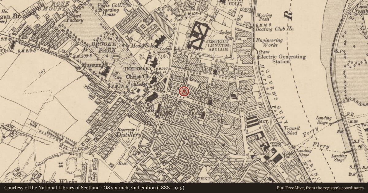 Ordnance Survey six-inch map, 2nd edition (1888–1915) covering the location of 1 Princes Street, Edenballymore, Derry City and Strabane, with a pin at the register's coordinates