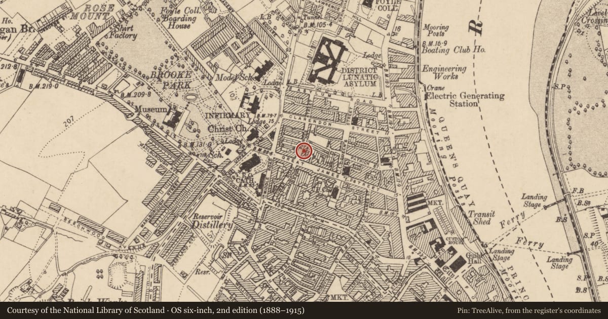Ordnance Survey six-inch map, 2nd edition (1888–1915) covering the location of 2 Princes Street, Edenballymore, Derry City and Strabane, with a pin at the register's coordinates