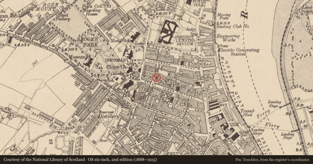 Ordnance Survey six-inch map, 2nd edition (1888–1915) covering the location of 4 Princes Street, Edenballymore, Derry City and Strabane, with a pin at the register's coordinates