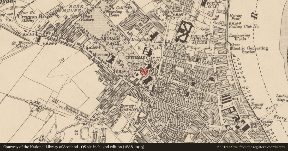 Ordnance Survey six-inch map, 2nd edition (1888–1915) covering the location of Gate Lodge, Edenballymore, Derry City and Strabane, with a pin at the register's coordinates