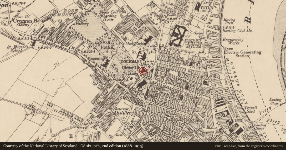 Ordnance Survey six-inch map, 2nd edition (1888–1915) covering the location of Christ Church, Edenballymore, Derry City and Strabane, with a pin at the register's coordinates