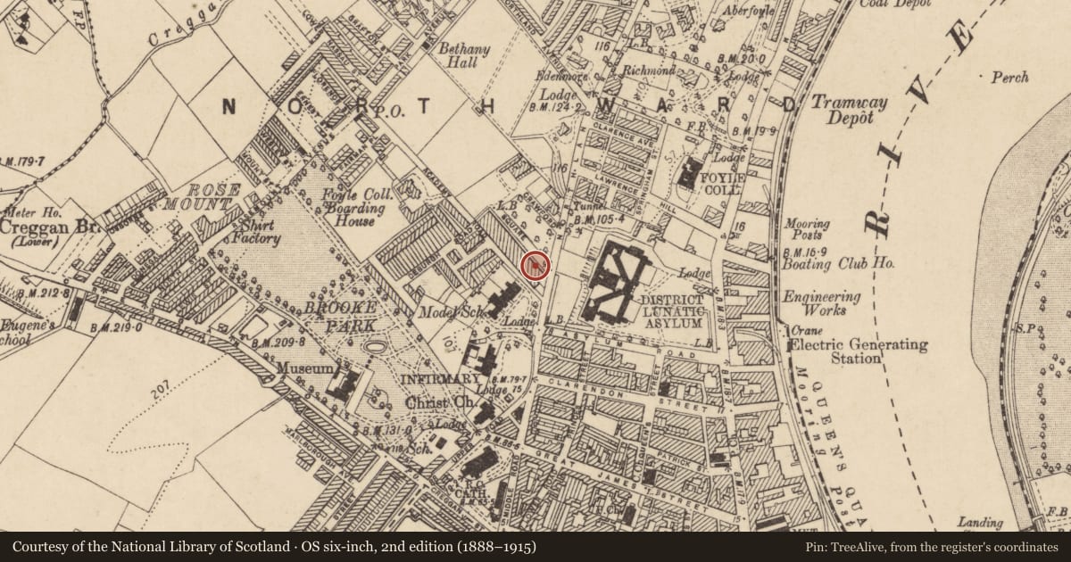 Ordnance Survey six-inch map, 2nd edition (1888–1915) covering the location of 3 Crawford Square, Edenballymore, Derry City and Strabane, with a pin at the register's coordinates